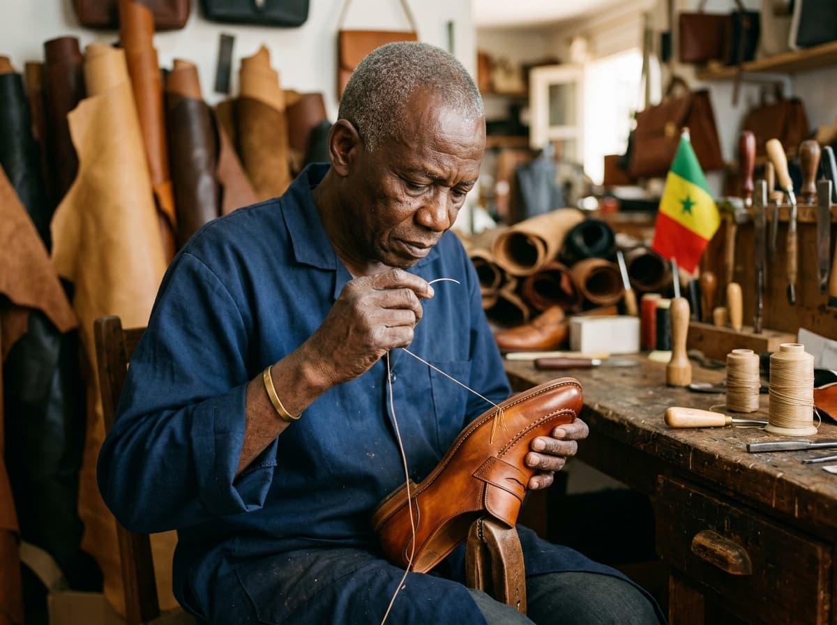 Artisan travaillant le cuir dans un atelier de Dakar